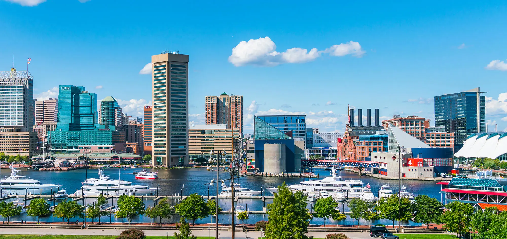 Baltimore skyline on a sunny day taken from Inner Harbor