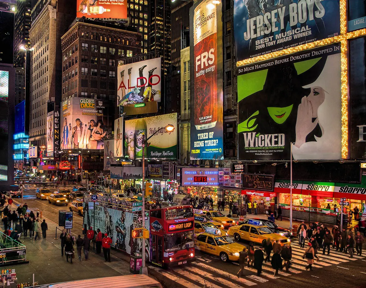 Times Square, New York City looking back toward billboards on Br