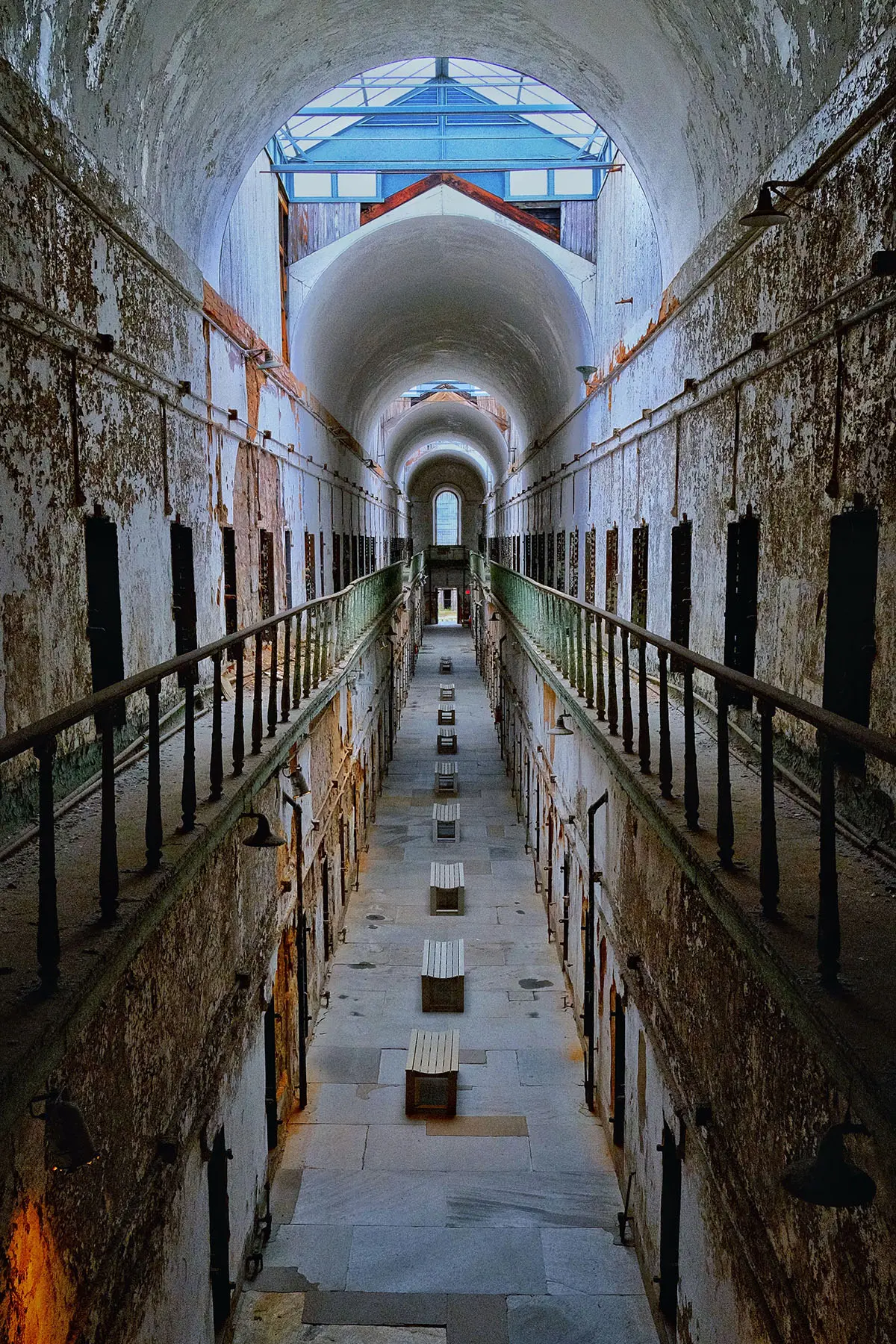 Vertical shot of Eastern State Penitentiary, a former American prison in Philadelphia