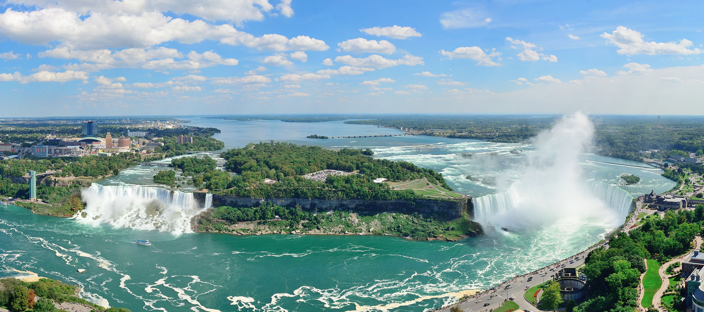 an aerial panorama of Niagara Falls