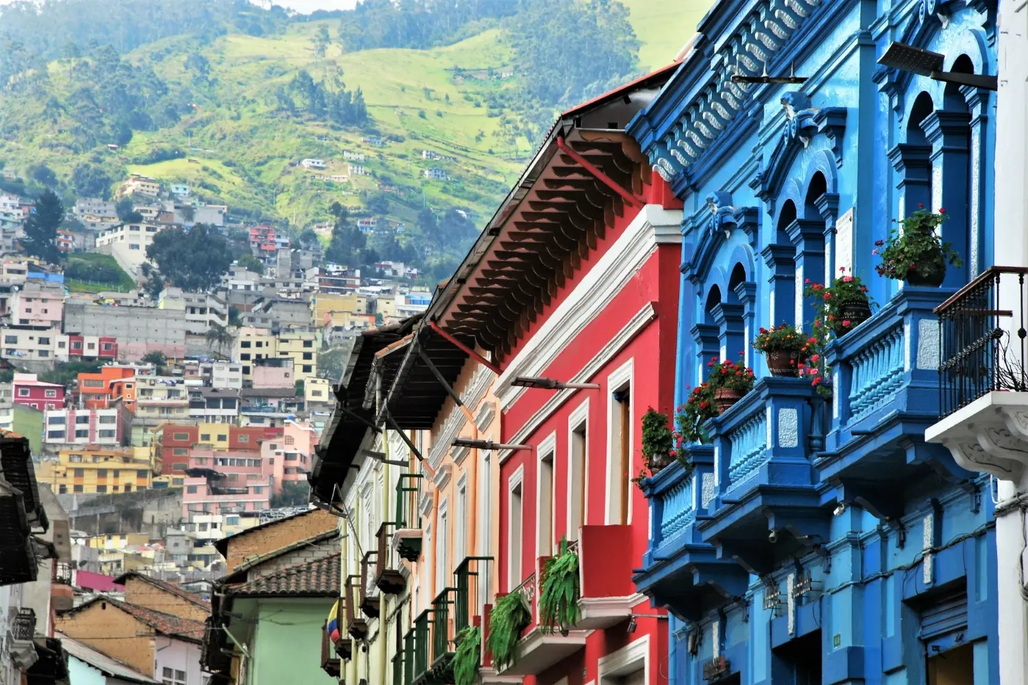 A row of colorful houses typical of Quito, Ecuador.