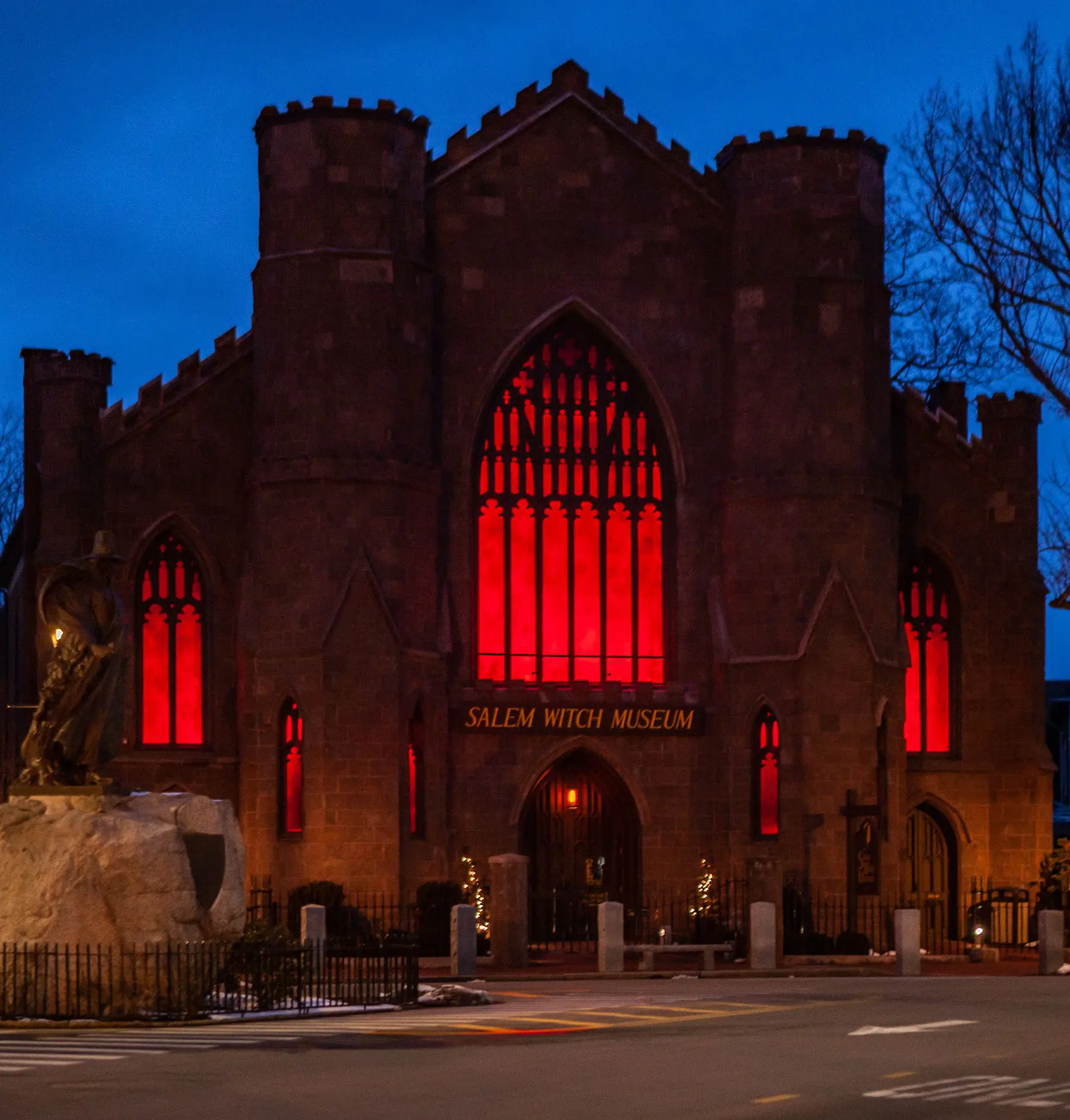 View of Salem Witch Museum building at night