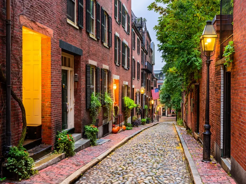 A historical brick and cobblestone street in Boston Massachusetts