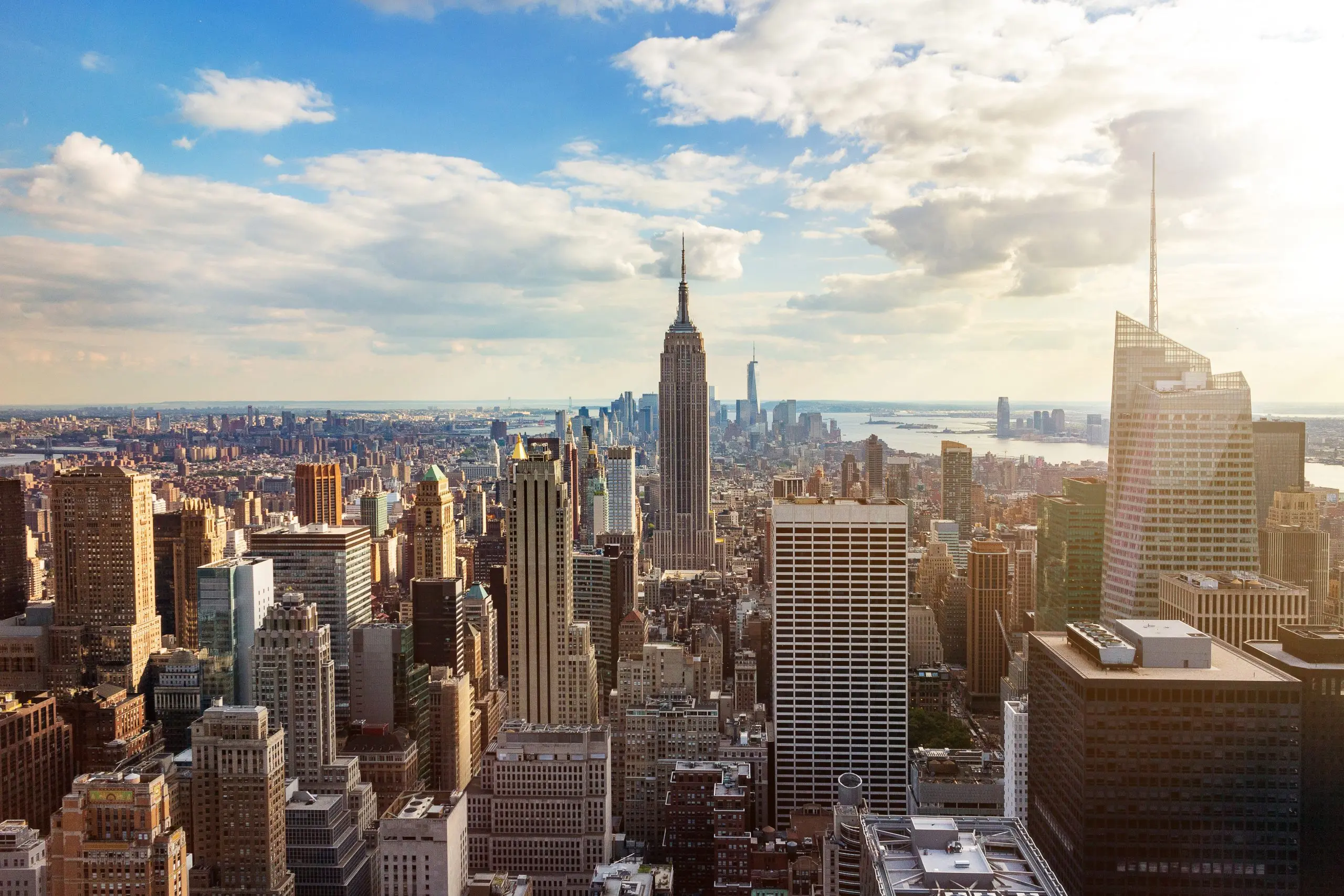 A view of the New York City skyline on a sunny day