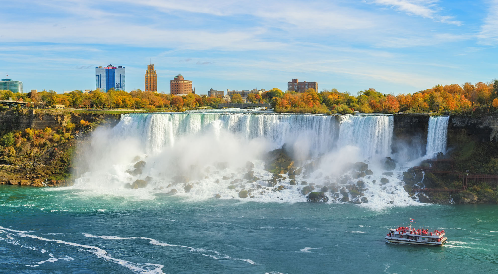 An image of Horseshoe Falls with the city of Niagara Falls in the background