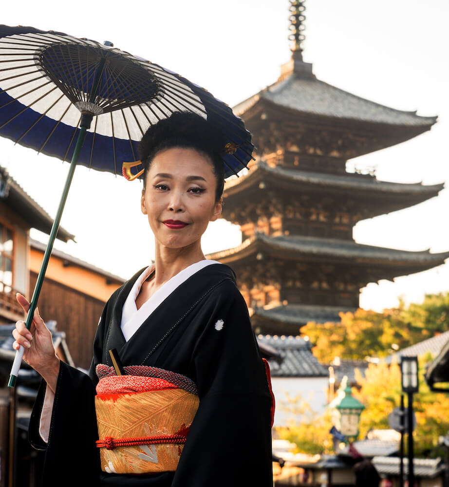 woman with kimono walking at yasaka pagoda
