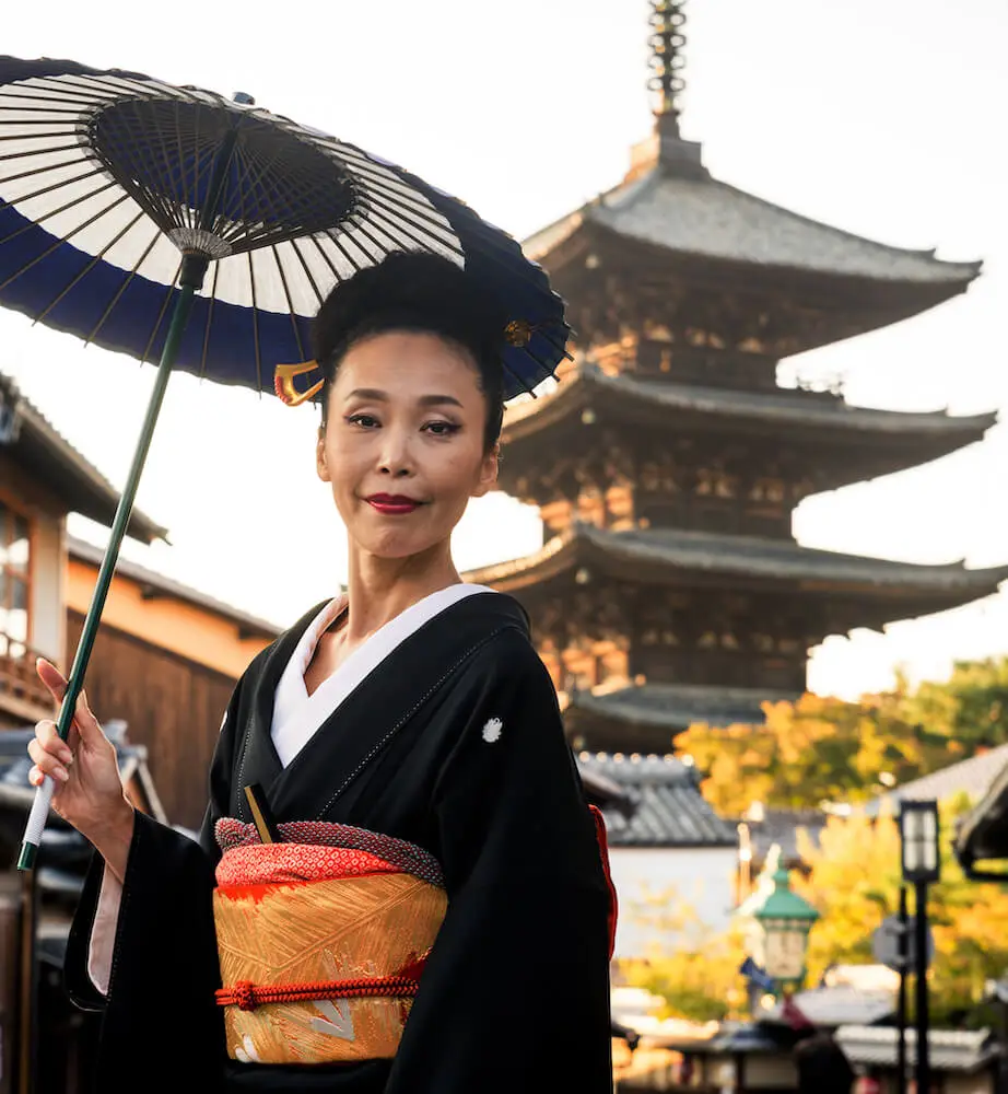 woman with kimono walking at yasaka pagoda