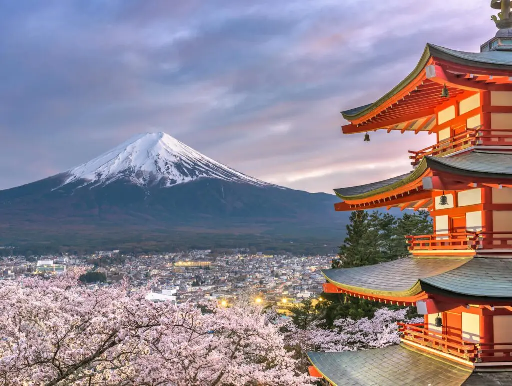 fujiyoshida japan view of mt fuji and pagoda