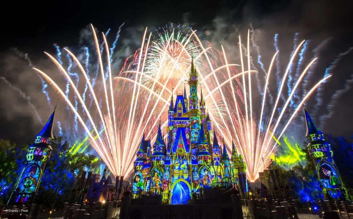 Disney Castle at night with fireworks