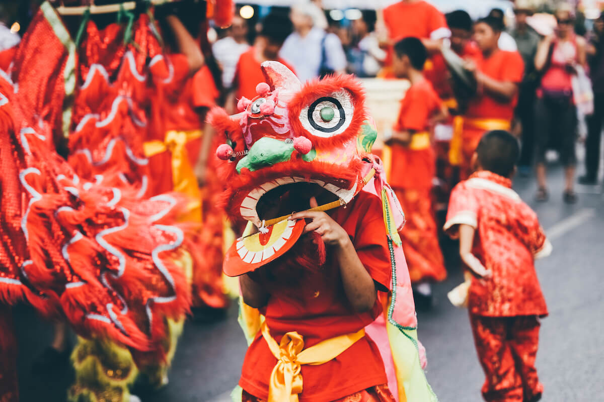 lion dance during chinese new year celebration