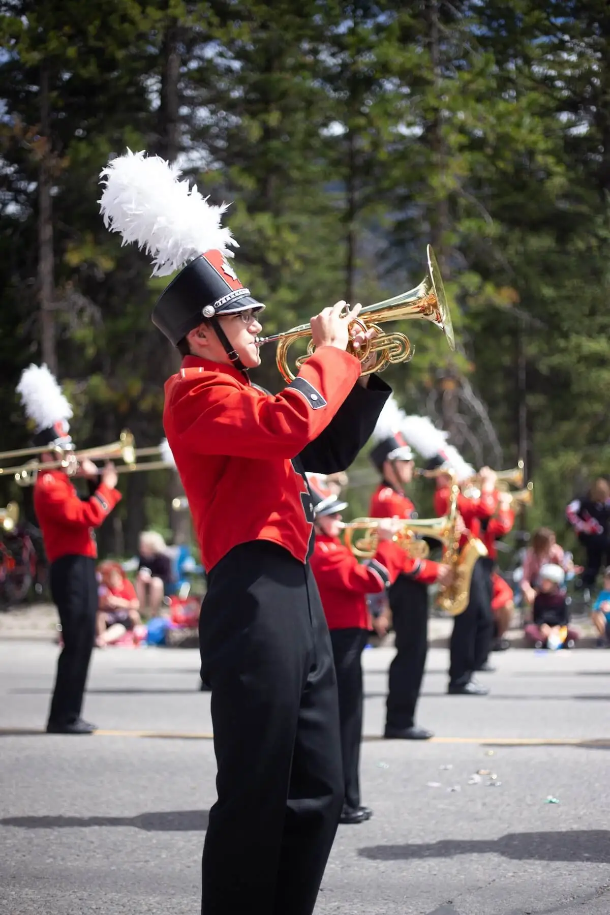 marching band performing in a parade