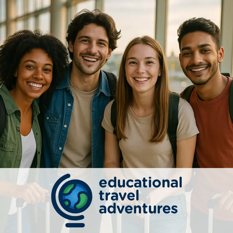 students at airport smiling
