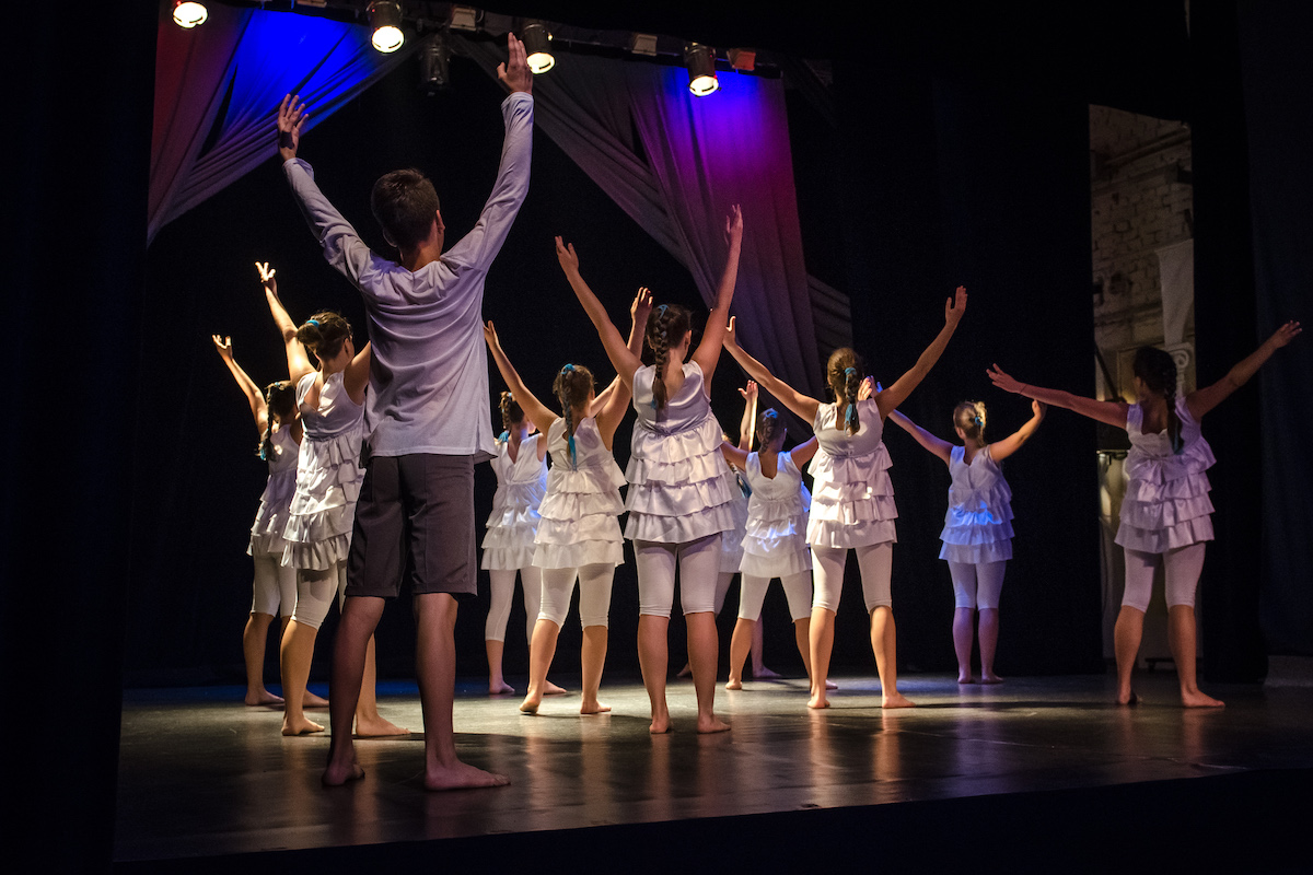 children's dance group on stage during performance workshop