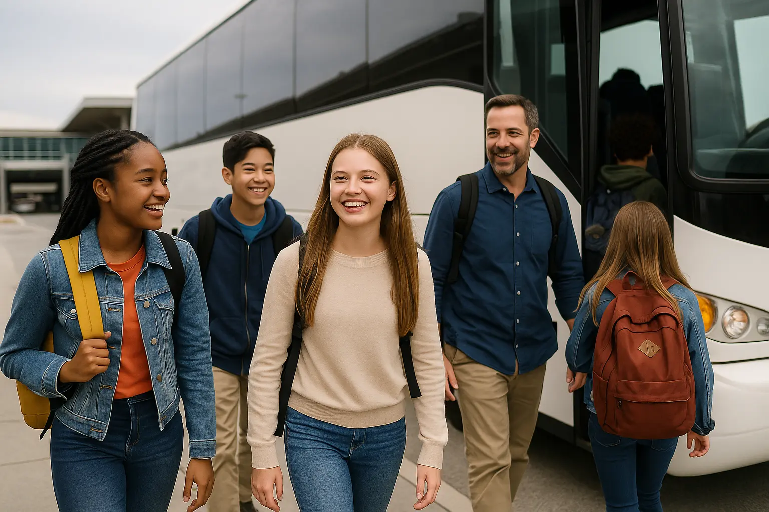 students and teacher in front of bus