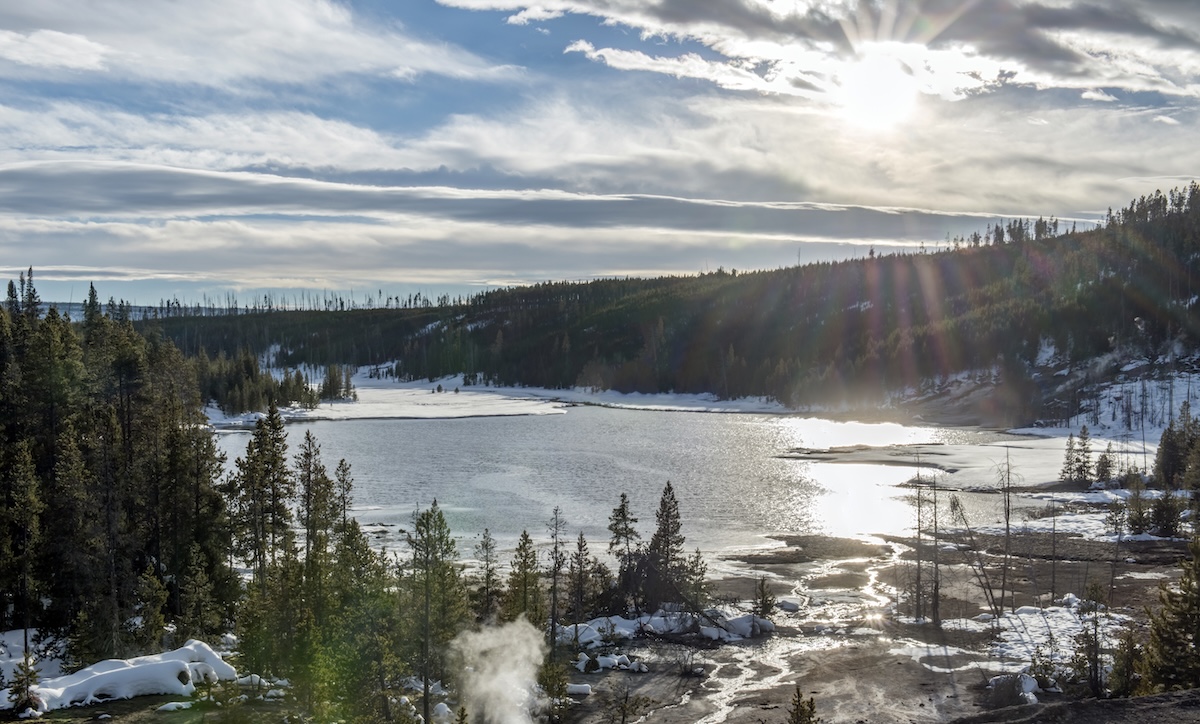 Aerial view of Yellowstone hot spring in winter, Wyoming, United States