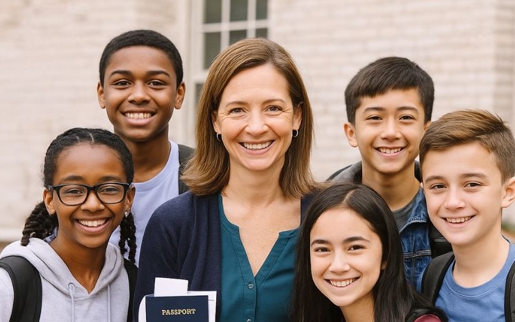 students and teacher with passport