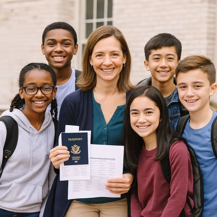 teacher with passport and students
